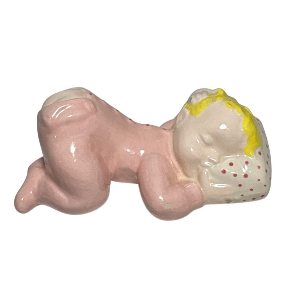 Holland Mold Sleeping Baby Figurine Ceramic Pink & Yellow 1973 Vintage 4" Long